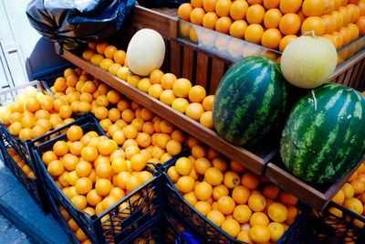 Close-up display of fresh fruits at a market
