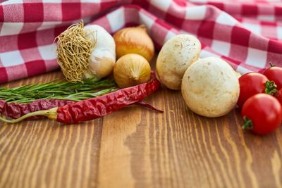 Fresh onions, garlic and tomatoes